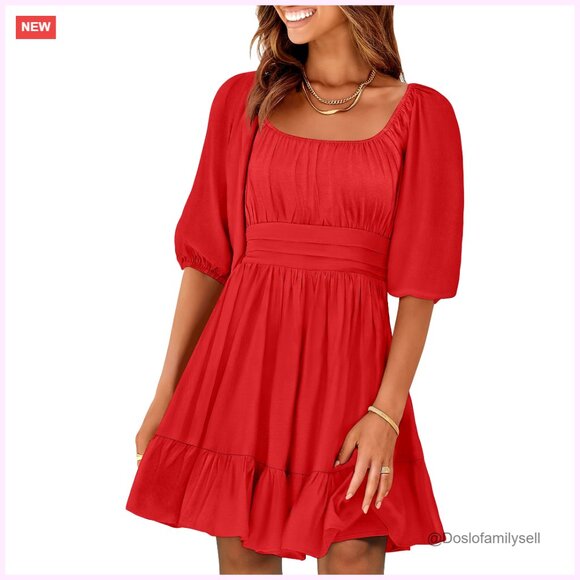 Dresses & Skirts - Lantern Sleeve Square Neck Mini Dress, Rayon Polyester Blend, Casual Summer